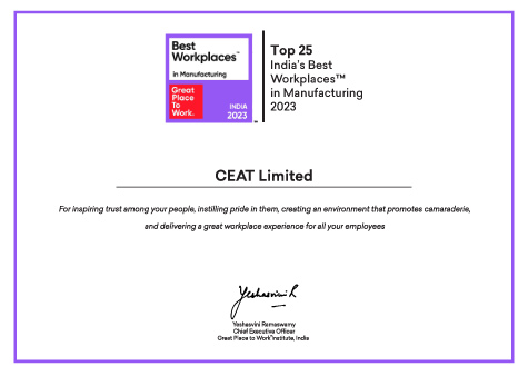 CEAT IS AMONG INDIA’S BEST WORKPLACES IN MANUFACTURING 2023